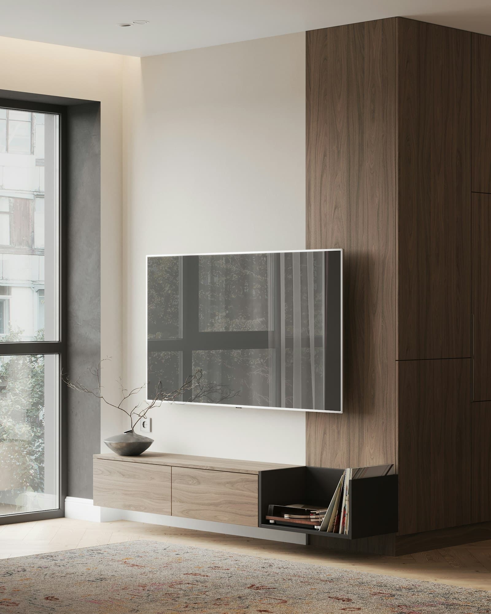 Large TV mounted on a living room wall
